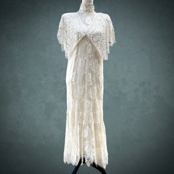 VTG 80s JESSICA MCCLINTOCK Ivory Lace Victorian Style Wedding Dress High Neck 6 - Picture 2 of 12
